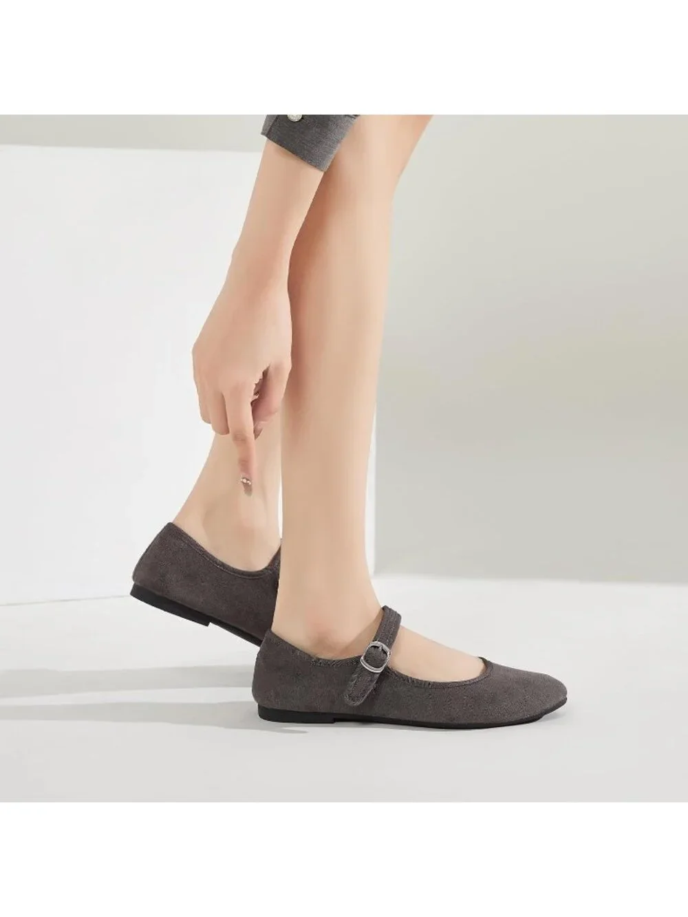 Women's Brown Mary Jane with Strap Faux Suede Black Flats Shoes Comfortable
